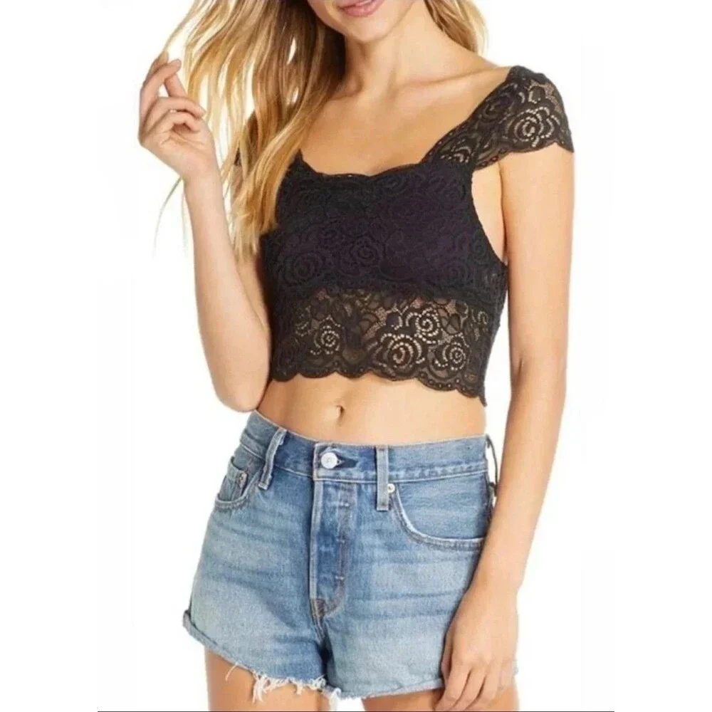 Free People Intimately Chase Me Crop Top Black Lace Brami Bralette Sz XS Sexy